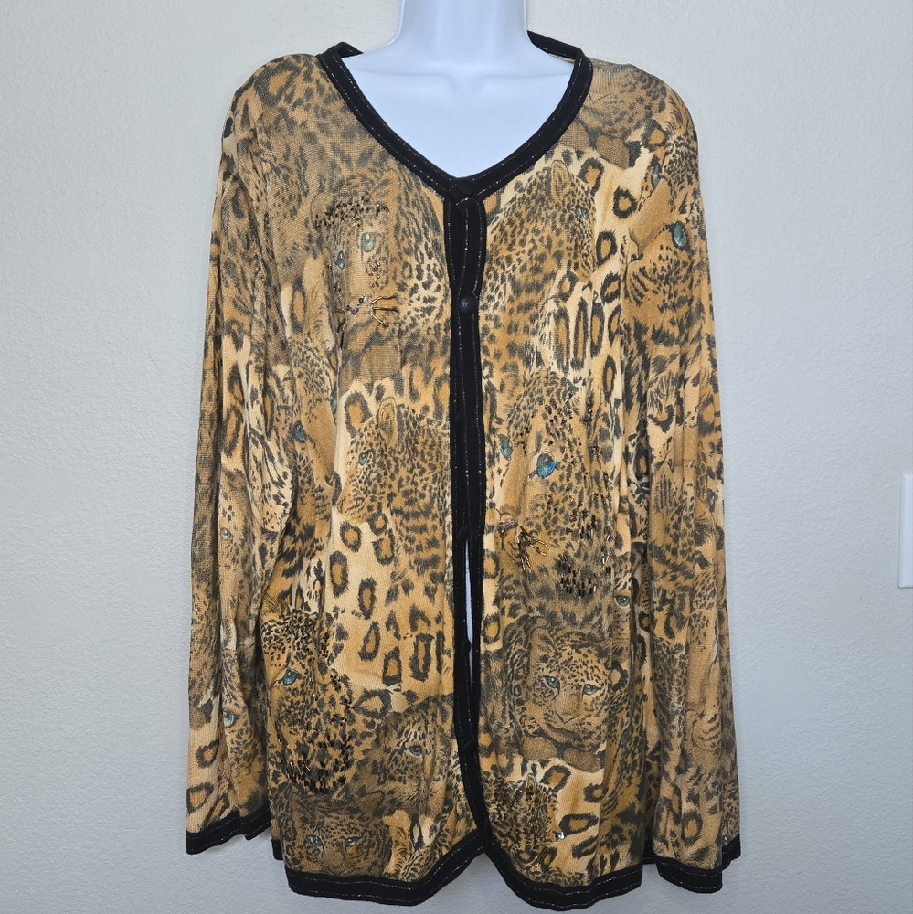 Vintage 90s Just B Leopard Animal Print Cardigan Size Large